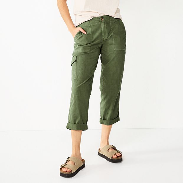 Basic Edition Capri Cargo Pants Womens Large Snap Pocket, Olive