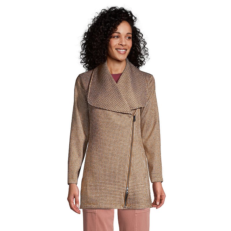 Womens Lands End Sweater Fleece Asymmetrical Coat, Size: Large, Brown