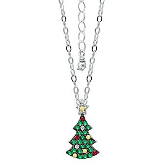 Aleure Precioso Sterling Silver Cubic Zirconia Christmas Tree Pendant Necklace
