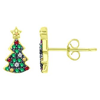 Aleure Precioso Sterling Silver Cubic Zirconia Christmas Tree Stud Earrings