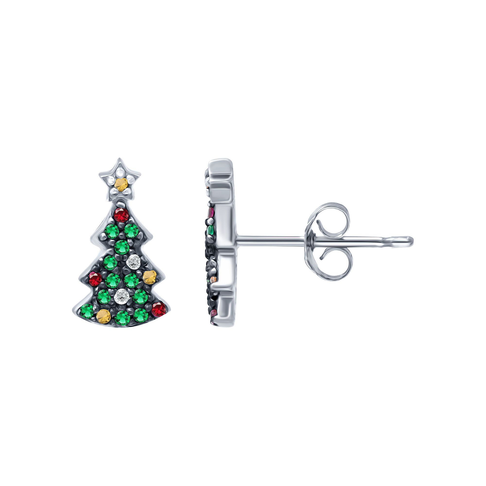 Aleure Precioso Sterling Silver Cubic Zirconia Christmas Tree Stud Earrings