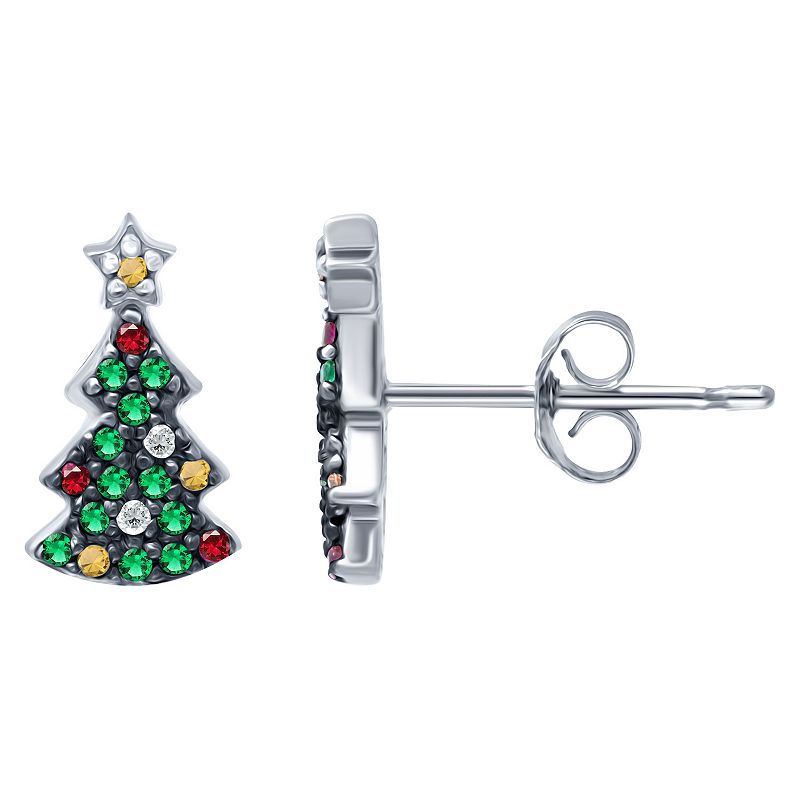 Aleure Precioso Sterling Silver Cubic Zirconia Christmas Tree Stud Earrings