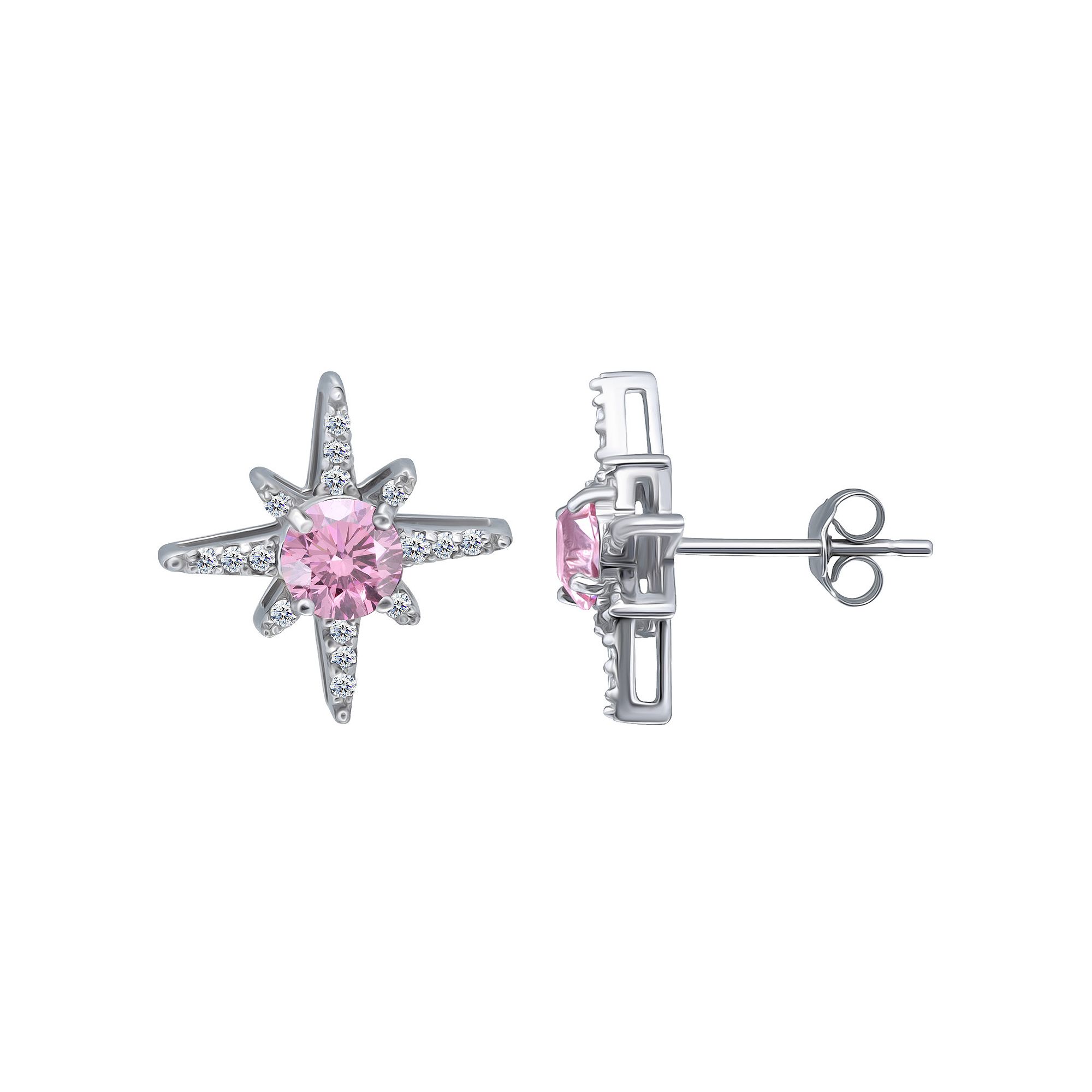Aleure Precioso Sterling Silver Clear & Pink Cubic Zirconia Star Stud Earri