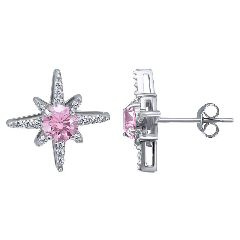 Aleure Precioso Sterling Silver Clear & Pink Cubic Zirconia Star Stud Earri