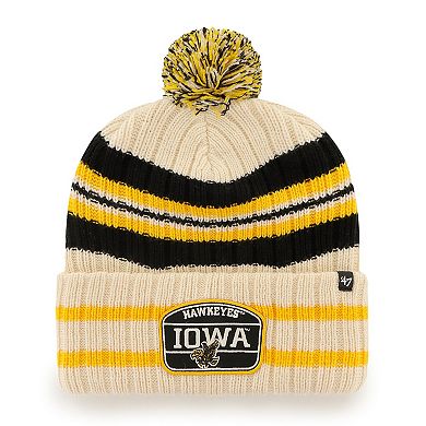 Men's '47 Natural Iowa Hawkeyes Hone Patch Cuffed Knit Hat with Pom