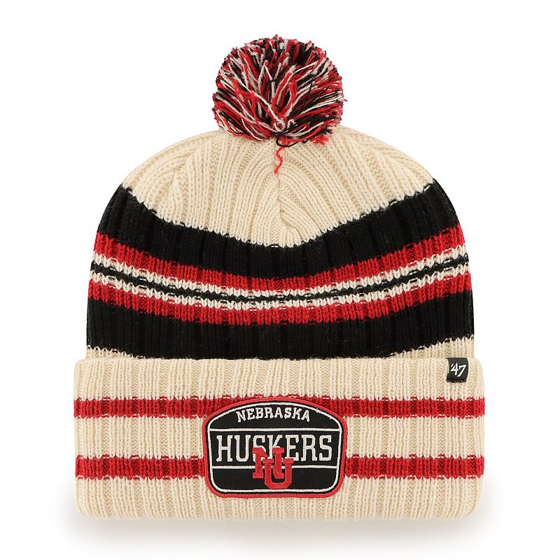 Mens 47 Natural Nebraska Huskers Hone Patch Cuffed Knit Hat with Pom, Bei