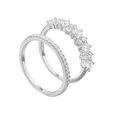 PRIMROSE Sterling Silver Cubic Zirconia Cluster Ring & Cubic Zirconia Band Ring Duo Set