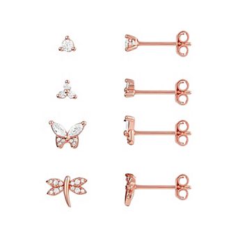 PRIMROSE 4-Pair 18k Rose Gold Plated Cubic Zirconia Dragonfly & Butterfly Stud Earring Set