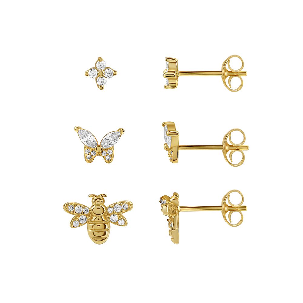 PRIMROSE 18k Gold Plated Cubic Zirconia Flower, Butterfly & Bee Stud ...