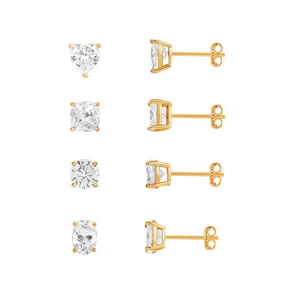 PRIMROSE 4-Pair 18k Gold Plated Cubic Zirconia Stud Earring Set - Gold Tone