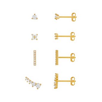 PRIMROSE 4-Pair 18k Gold Plated Cubic Zirconia Stud Earring Set
