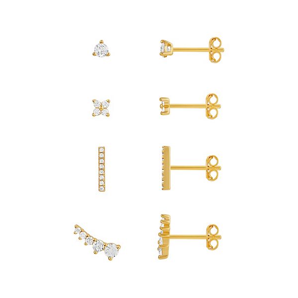 PRIMROSE 4-Pair 18k Gold Plated Cubic Zirconia Stud Earring Set - Gold Tone