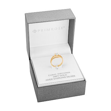 PRIMROSE 18k Gold Plated Oval Cubic Zirconia 3-Stone Ring & Cubic Zirconia Chevron Shadow Ring Duo Set
