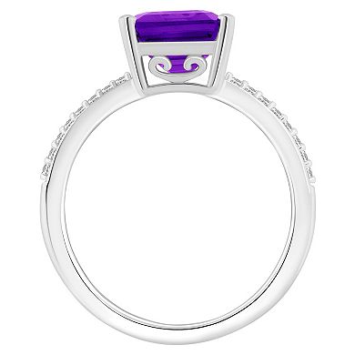 Alyson Layne Sterling Silver 10 mm x 8 mm Emerald Cut Gemstone and 1/10 Carat T.W. Diamond Ring