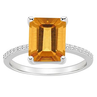 Alyson Layne Sterling Silver 10 mm x 8 mm Emerald Cut Gemstone & 1/10 Carat T.W. Diamond Ring