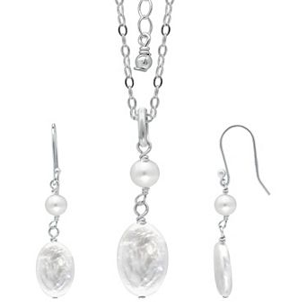 Aleure Precioso Sterling Silver Freshwater Cultured Pearl Bead & Medallion Pendant Necklace & Drop Earrings Set