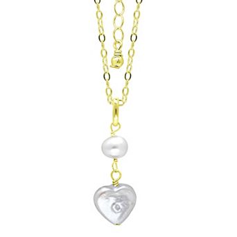Aleure Precioso 18k Gold Over Silver Double Freshwater Cultured Pearl Heart Drop Pendant Necklace