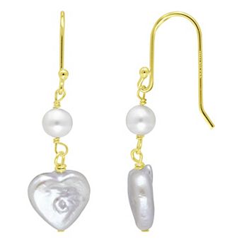Aleure Precioso 18k Gold Over Silver Heart Shaped Freshwater Cultured Pearl Drop Earrings