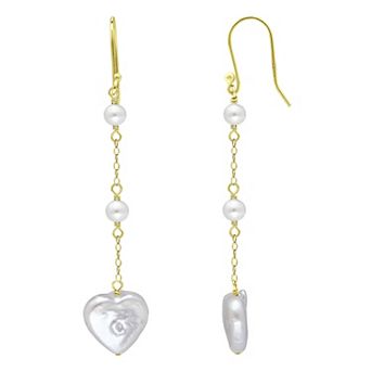 Aleure Precioso 18k Gold Over Silver Heart Shaped Freshwater Cultured Pearl Chain Drop Earrings
