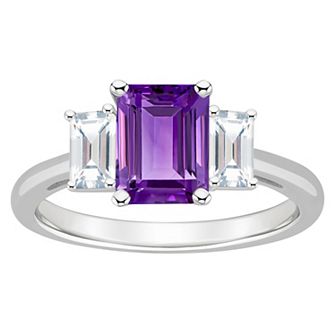 Alyson Layne Sterling Silver 8 mm x 6 mm Emerald Cut Gemstone & White Topaz Three-Stone Ring