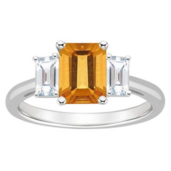 Alyson Layne Sterling Silver 8 mm x 6 mm Emerald Cut Gemstone & White Topaz Three-Stone Ring