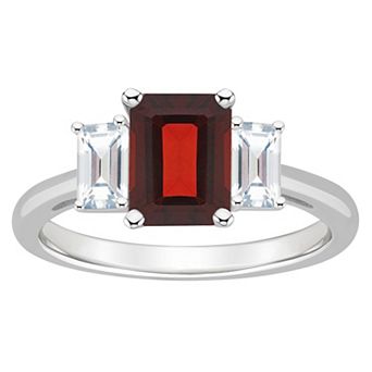 Alyson Layne Sterling Silver 8 mm x 6 mm Emerald Cut Gemstone & White Topaz Three-Stone Ring
