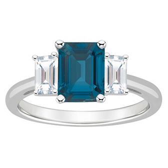Alyson Layne Sterling Silver 8 mm x 6 mm Emerald Cut Gemstone & White Topaz Three-Stone Ring