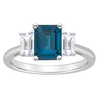 Alyson Layne Sterling Silver 8 mm x 6 mm Emerald Cut Gemstone & White Topaz Three-Stone Ring