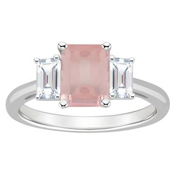 Alyson Layne Sterling Silver 8 mm x 6 mm Emerald Cut Gemstone & White Topaz Three-Stone Ring