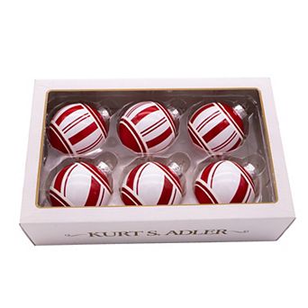 Kurt Adler Red & White Glass Ball Christmas Ornaments 6 pc Set