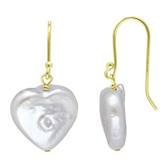 Aleure Precioso 18k Gold Over Silver Heart Shaped Freshwater Cultured Pearl Drop Earrings