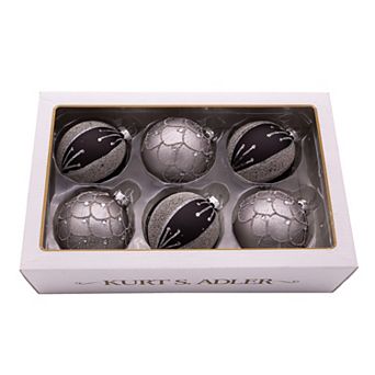 Kurt Adler Silver & Black Jeweled Glass Ball Christmas Ornaments 6 pc Set