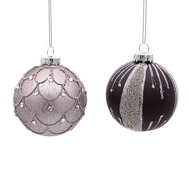 Kurt Adler Silver & Black Jeweled Glass Ball Christmas Ornaments 6-piece Set