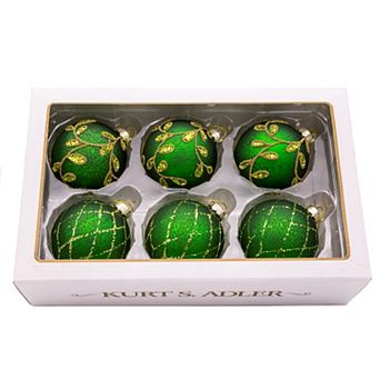 Kurt Adler Gold & Emerald Green Embellished Ball Christmas Ornaments 6 pc Set