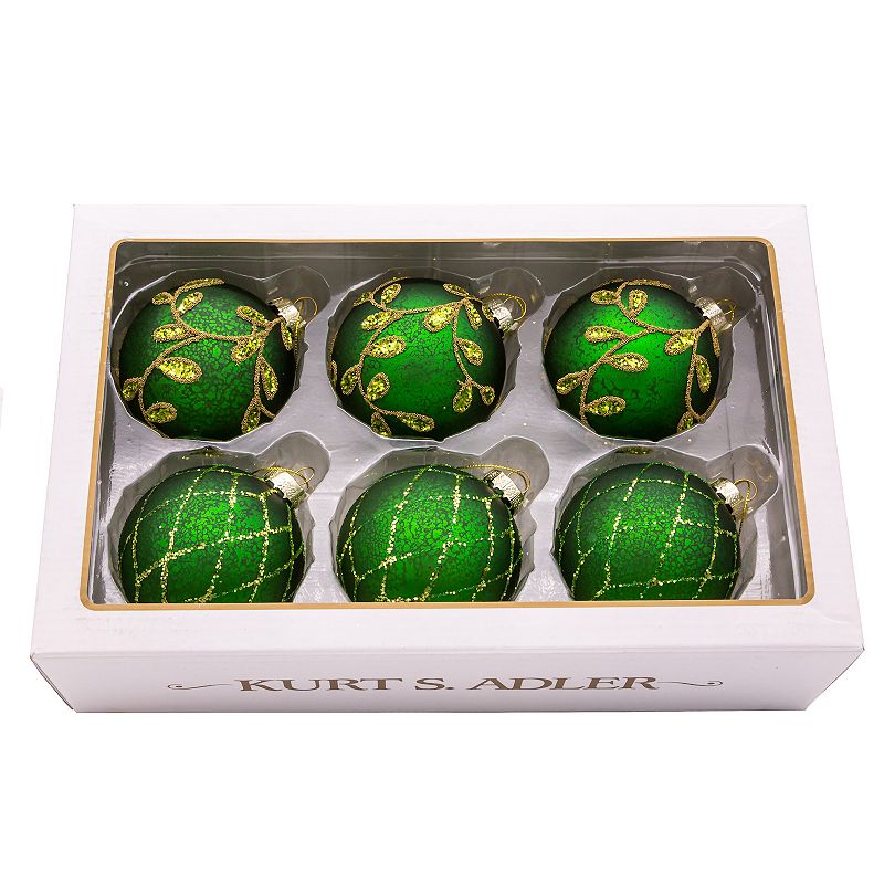 Kurt Adler Gold & Emerald Green Embellished Ball Christmas Ornaments 6-piec