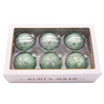 Kurt Adler Silver & Pale Aqua Embellished Ball Christmas Ornaments 6 pc Set