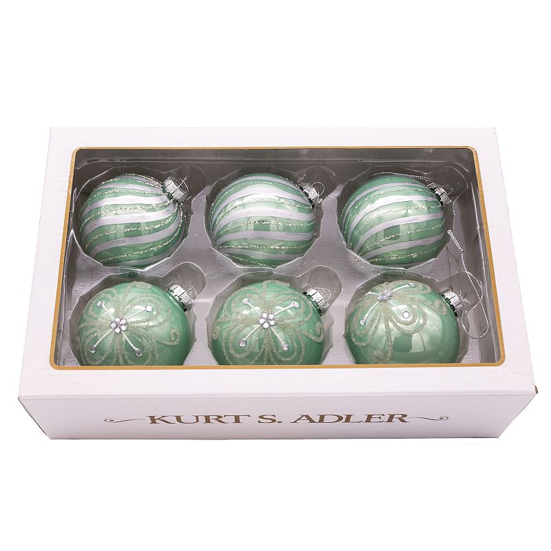 Kurt Adler Silver & Pale Aqua Embellished Ball Christmas Ornaments 6-piece 