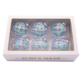Kurt Adler Plaid Light Blue & Clear Glass Ball Christmas Ornaments 6 pc Set