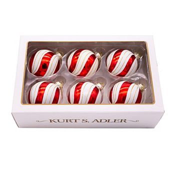 Kurt Adler Gold, Red & White Glass Ball Christmas Ornaments 6 pc Set