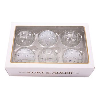 Kurt Adler Jeweled Clear Feather White Ball Christmas Ornaments 6 pc Set