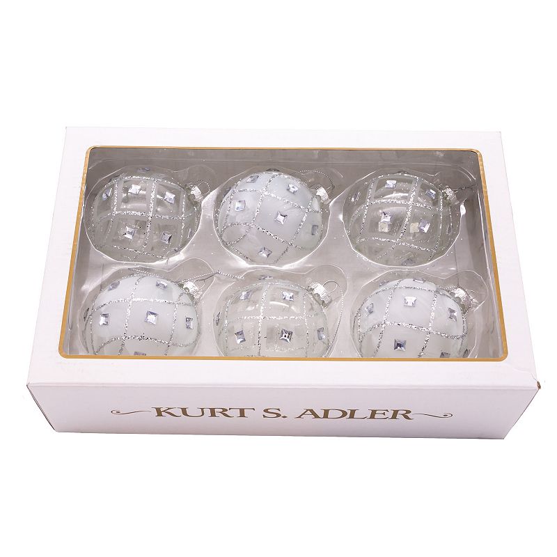 Kurt Adler Jeweled Clear Feather White Ball Christmas Ornaments 6-piece Set