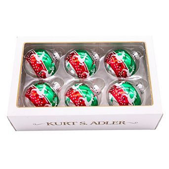 Kurt Adler Red & Green Reindeer Glass Ball Christmas Ornaments 6 pc Set