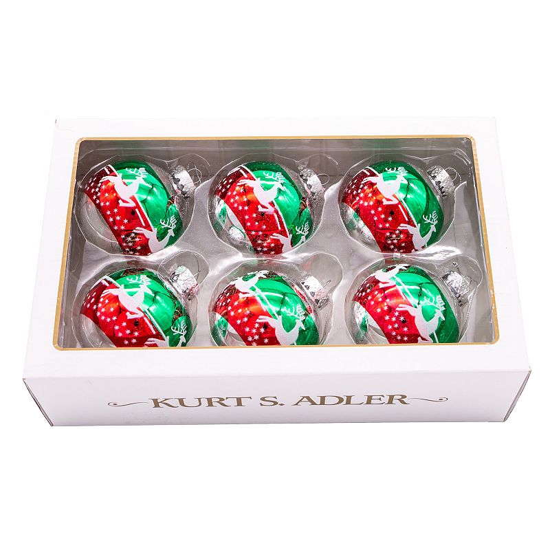 Kurt Adler Red & Green Reindeer Glass Ball Christmas Ornaments 6-piece Set,