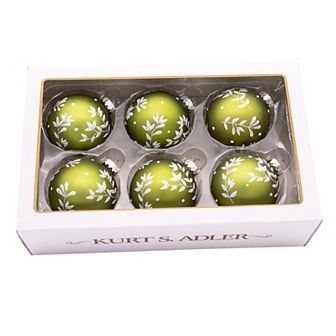 Kurt Adler Green Leaf Ball Christmas Ornaments 6 pc Set