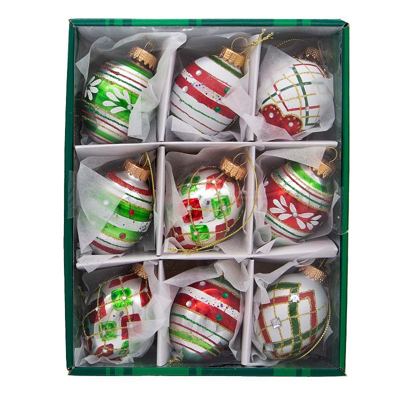 Kurt Adler Red & Green Decorated Egg Christmas Ornaments 9-piece Set, Multi