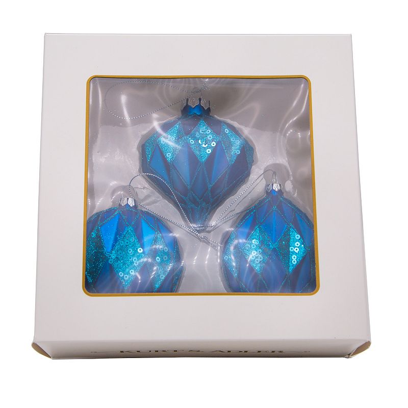 Kurt Adler Glittered & Sequin Blue Christmas Ornaments 3-piece Set