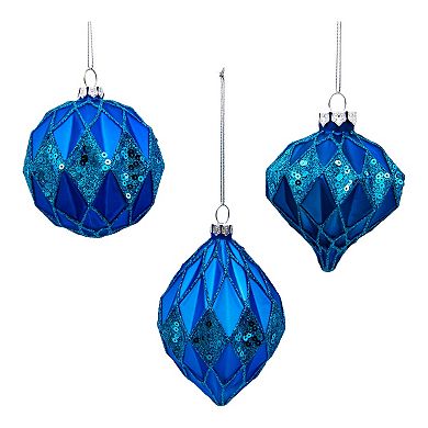 Kurt Adler Glittered & Sequin Blue Christmas Ornaments 3-piece Set