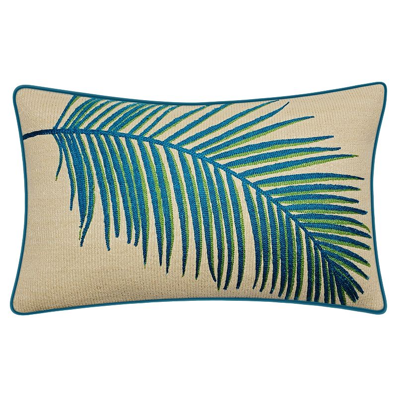 New York Botanical Garden Indoor Outdoor Raffia Embroidered Palm Frond Throw Pillow, Blue, 12X20