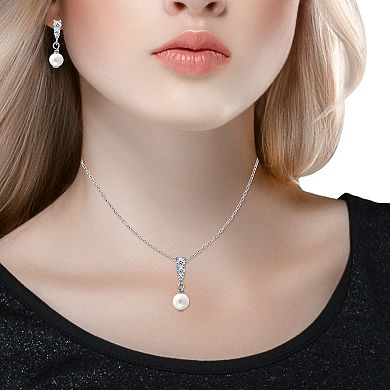 Aleure Precioso 18k Gold Over Silver Triple Cubic Zirconia & Freshwater Cultured Pearl Drop Pendant Necklace & Earrings Set