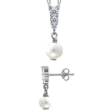 Aleure Precioso 18k Gold Over Silver Triple Cubic Zirconia & Freshwater Cultured Pearl Drop Pendant Necklace & Earrings Set